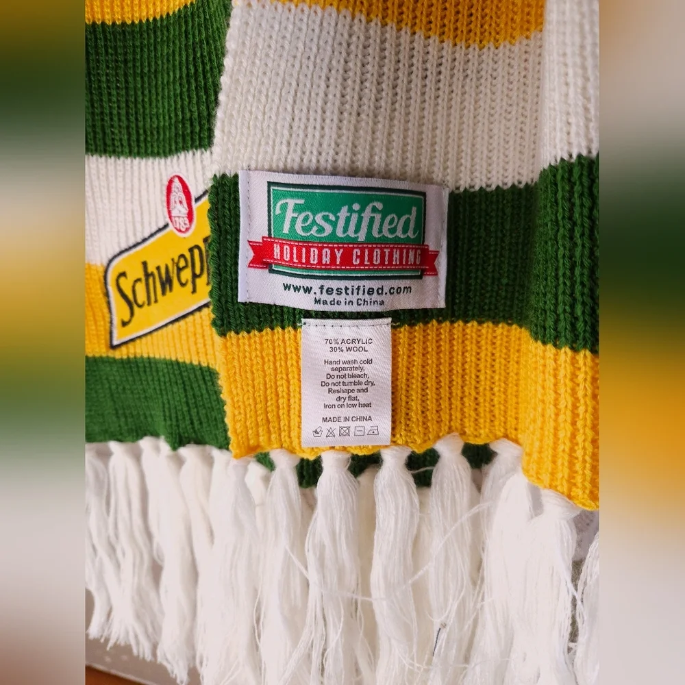 Schweppes Festified Holiday Clothing Scarf Green Yellow White Acrylic & Wool